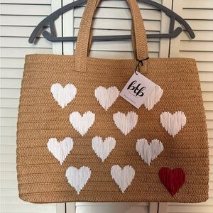 BTB Los Angeles Heart-Embellished Tan Straw Tote.